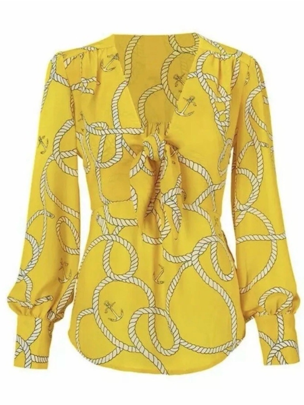 Cabi "Reef Knot" Blouse Yellow Nautical Anchor Rope Front Tie Top 5707 S EUC